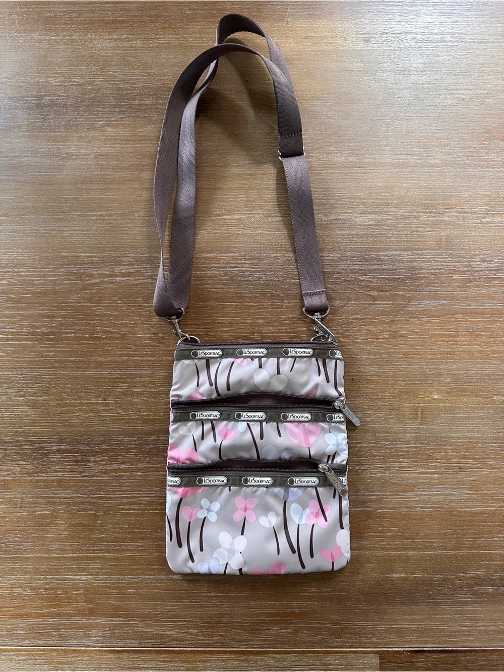 Lesportsac Taupe Crossbody with Pink & White Floral Print